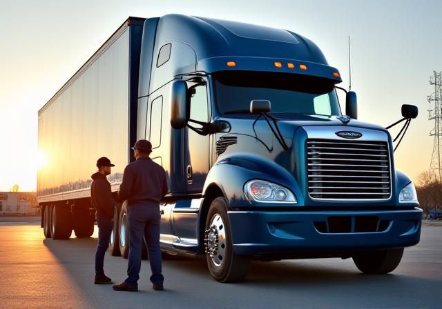 Jimenez Trucking team standing proudly in front of a modern heavy-duty truck in Kasson MN