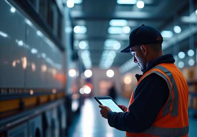 Logistics professional reviewing a dedicated route schedule with a professional trucker