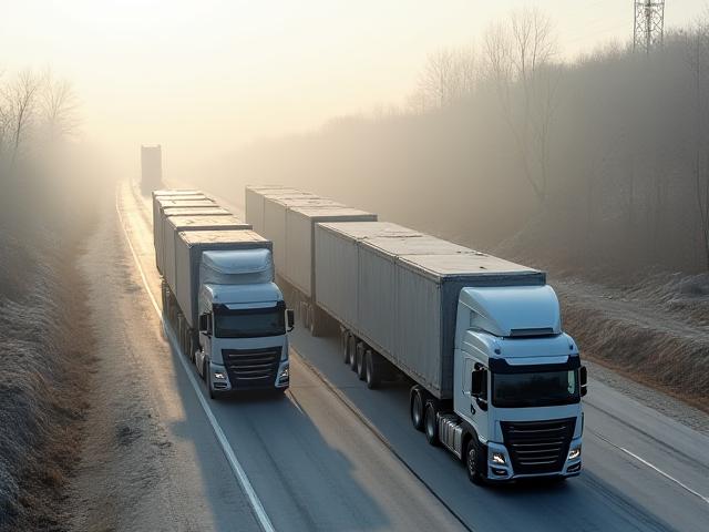 Trucks delivering pre-fabricated wall sections to a construction site