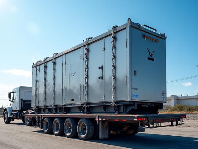 Massive industrial generator on a step-deck trailer