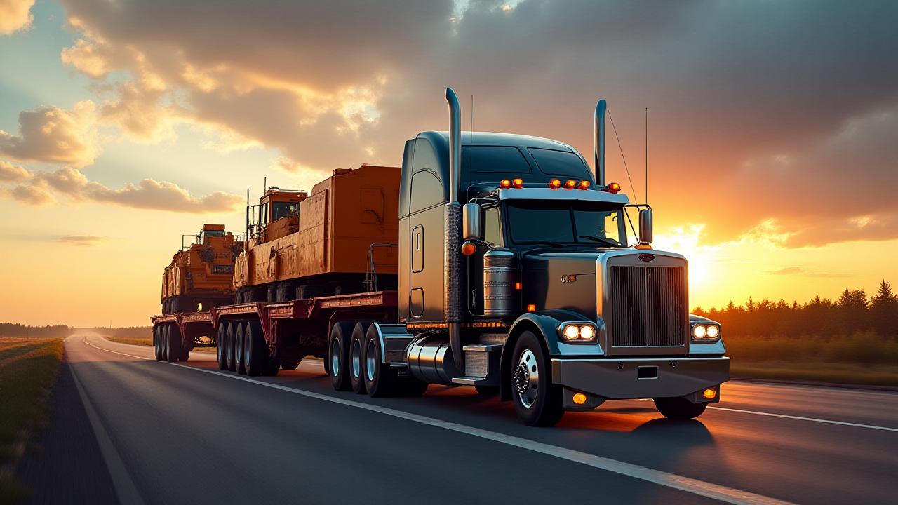 Heavy duty loader being transported on a lowboy trailer in Minnesota