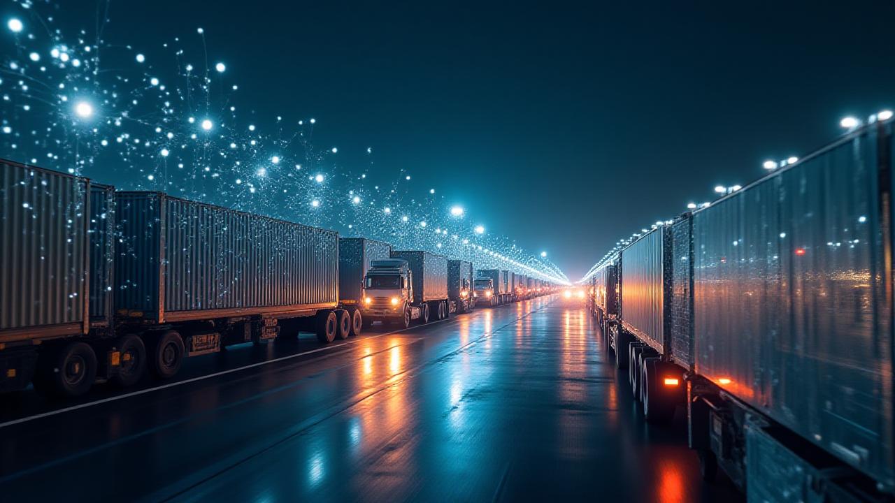 Strategic logistics network map over a night-time shipping terminal