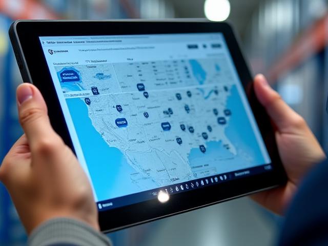 Logistics professional using a TMS dashboard showing truck locations and ETAs